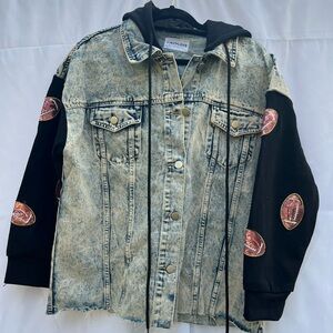 First  Love denim jacket with sequin football sleeves size medium